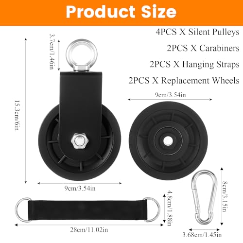 4 Pack Silent Cable Pulley Wheels – 90mm Heavy Duty Gym Pulley System with 360° Rotation, Stainless Steel Bearings & Detachable Design for DIY LAT Pull Down, Home Gym Equipment & Replacement