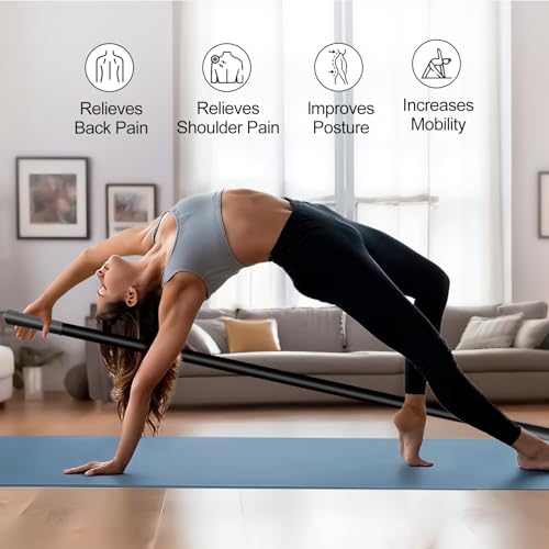5ft Yoga Stick - Heavy-Duty Steel Adjustable Mobility Stick for Exercise, Stretching, Balance - Versatile Exercise Stick with Resistance Bands for Fitness, Rehabilitation and Warm Up