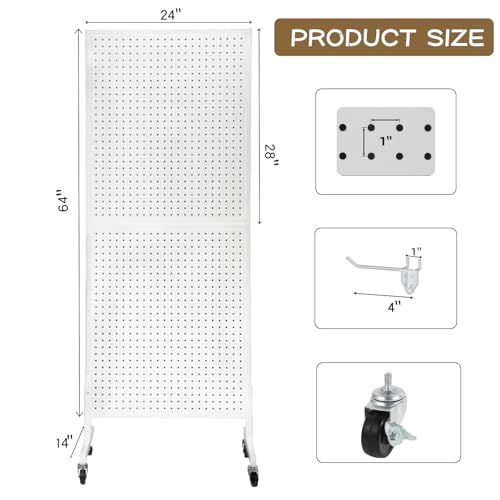 Eastern Tree Metal Pegboard Display Stand 2'x 5' with 30 Hooks, Pegboard Panels Display with Wheels, Peg Board Display Rack, Standing Pegboard Display- White - color: White