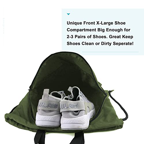 BeeGreen Drawstring Backpack Bag with Shoe Compartment, X-Large Black Gym Sports String Cinch Backpack - color: Moss Green