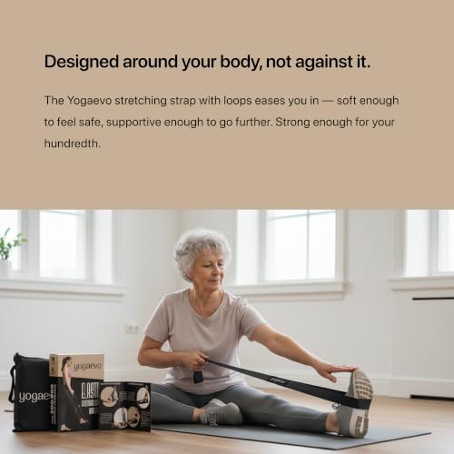 YogaEVO Elastic Stretching Strap with Loops for Physical Therapy | 2-in-1 Yoga Strap & Resistance Band — Flexibility & Back Recovery - color: Black