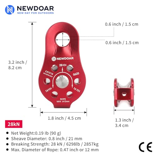 NewDoar Fixed Plate Micro Pulley,28KN CE Certified General Purpose Small Aluminum Rope Pulleys for Climbing/Aloft Work/Rappelling/Rescue Etc - color: Pack of 2(28KN Pulley Red)
