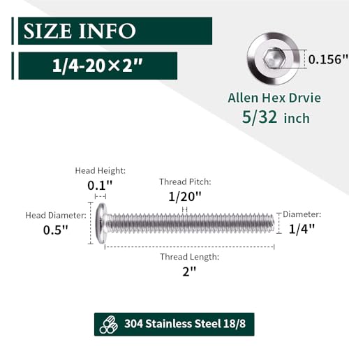 1/4-20 x 2 Hex Socket Head Cap Screws, 304 Stainless Steel 18-8, Chamfered Countersunk Machine Screws for Furniture, Binding, Machinery, Automotive, DIY Projects, 25 PCS - size: 1/4-20 x 2"