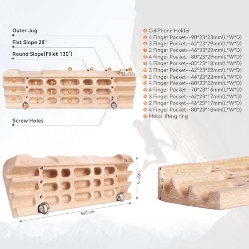 Hangboard Rock Climbing Hangboard with Jugs, Edges, Slopers, Pockets and Phone Hoder, Climbing Fingerboard Designed with Two Hooks for Rock Climbers