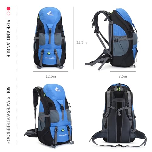 Bseash 50L Hiking Backpack, Water Resistant Lightweight Outdoor Sport Daypack Travel Bag for Camping Climbing Skiing Cycling (Light Blue - No Shoe Compartment) - color: Light Blue - No Shoe Compartment