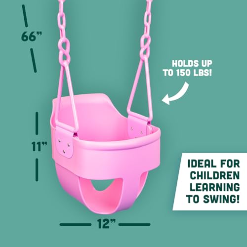 Premium High Back Full Bucket Toddler Swing Seat with Finger Grip, Plastic Coated Chains and Carabiners for Easy Install - Pink - Squirrel Products - color: Pink