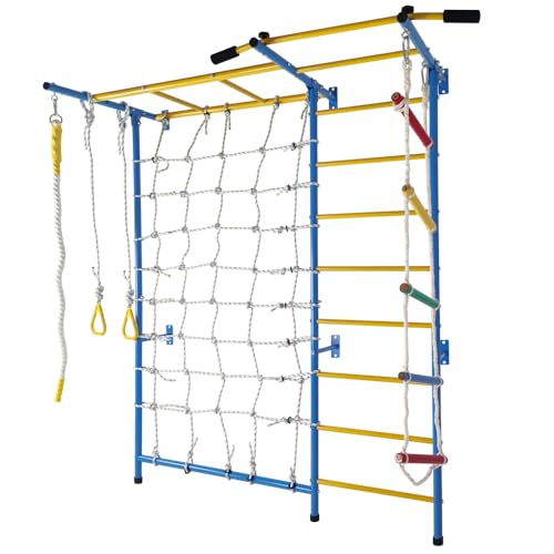 Wall-Mounted Indoor Fitness Station with Pull-Up Bar, Rope Ladder, Monkey Bars, Climbing Wall, Gymnastic Rings and Wall Ladder