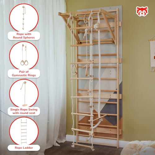 Wood And Hearts Indoor Swedish Ladder Wall Gym for Kids Active Play - Adjustable Pull-Up Bar with Rope Accessories & Decorative Panels (Climbing Module 1, 4in1 Rope Bundle) - size: Climbing Module 1