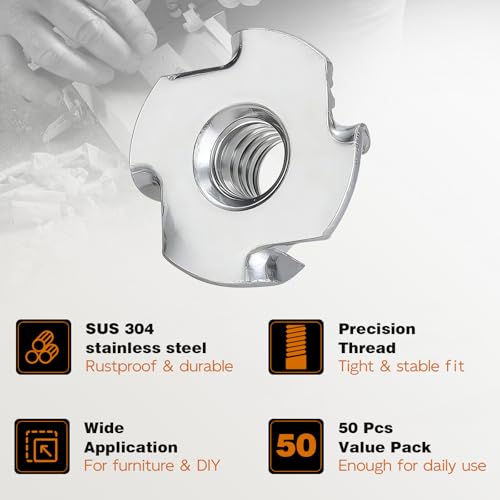 1/4"-20 T-Nuts 304 Stainless Steel, 4-Pronged Tee Nut 3/8" Barrel Length, T-Nut Wood Insert for Wood, Rock Climbing Holds, Furniture, Cabinetry, 50 PCS - color: SUS304 Stainless Steel