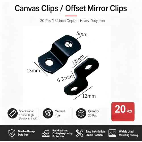 1/4" Depth Flat Offset Canvas Clips, Black Z Shaped Heavy Duty Double Hole Picture Frame Clips for Canvas Framing Hardware with Screws, 20Pcs - size: 1/4 Inch