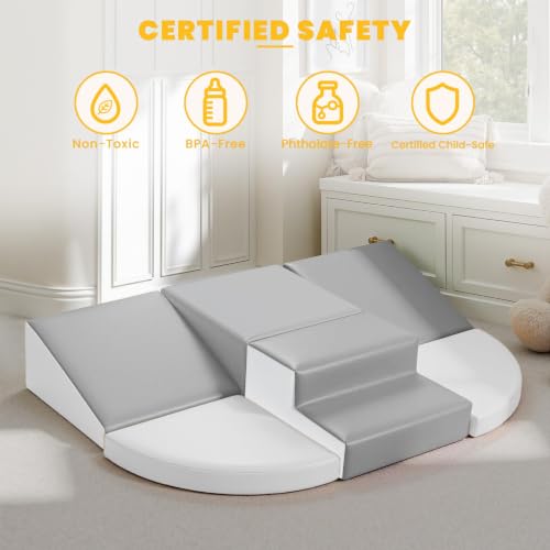 Hoohtoot Soft Foam Climbing Blocks for Toddlers: 6-Piece PU Leather Play Set - Kids Climbing and Crawling Toys - Indoor Baby Play Structure - Fun Learning Gym - style: Grey/White