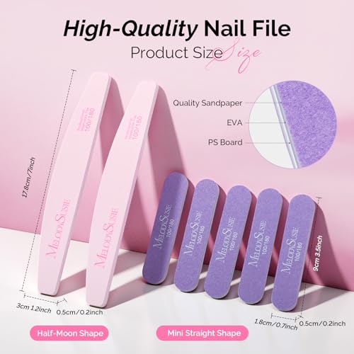 MelodySusie 7Pcs Nail Files 100/180 Grit Emery Boards Pink & Purple | 2 Standard 5 Mini Mixed-Shape, Double Sided, Acrylic Gel Natural Nails, Home and Salon Care - size: 7Pcs Half-moon Shape