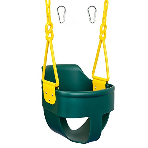 Premium High Back Full Bucket Toddler Swing Seat with Finger Grip, Plastic Coated Chains and Carabiners for Easy Install - Green - Squirrel Products - color: Green
