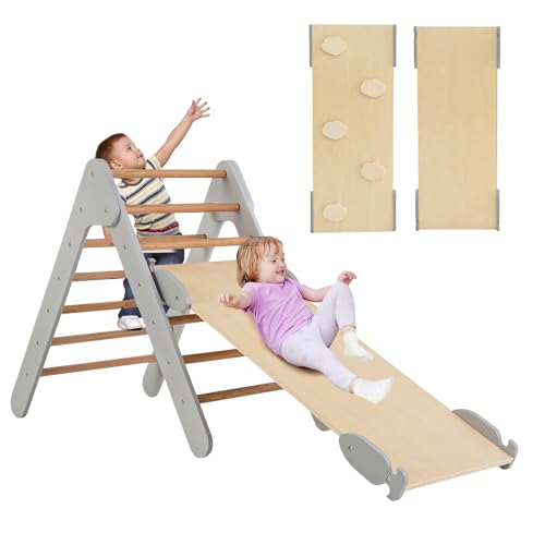 COSTWAY Climbing Triangle with Slide, Indoor Climbing Frame from 1 Year, Rung Triangle Climbing Ramp Made of Wood, for Climbing & Sliding (Grey)