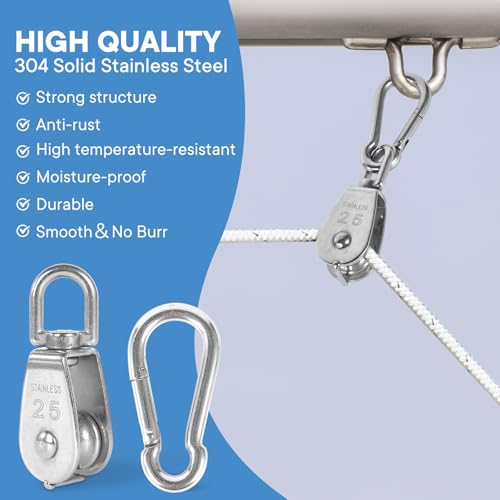 6Pcs 304 Stainless Steel M25 Single Pulley Block, Wire Rope Hanging Wire Towing Wheel, with 6Pcs Spring Snap Hook - size: M25-6pcs