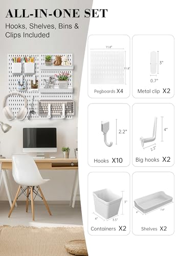 Pegboard Wall Organizer Set – 4 Peg Boards with Hooks & Shelves – Office, Kitchen, Gaming Room Desk Pegboard Storage – Peg Board Wall Display Rack (White) - color: White