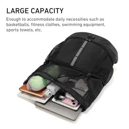 Valleycomfy Drawstring Gym Bag Sports Backpack With Shoe Compartment Black | Reflective Strips Top Handle - color: Black