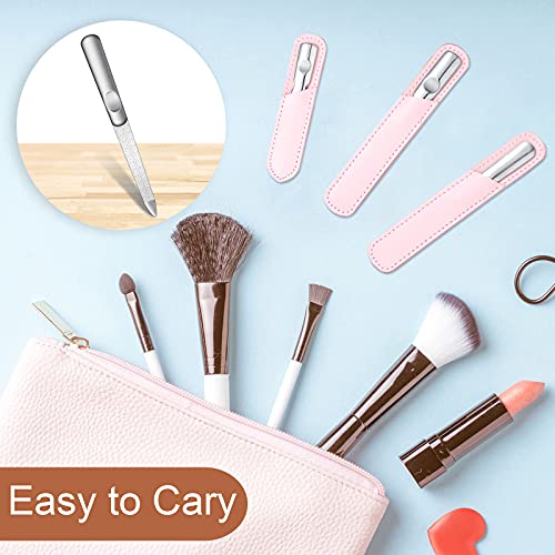 3 Pcs Stainless Steel Nail Files Kit with Leather Case, Double Sided Metal Nail Files with Anti-Slip Handle for Women and Men, Metal File Buffer Manicure Pedicure Tools for Fingernail Toenail(Pink) - color: Pink