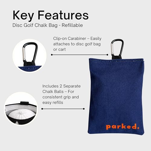 Refillable Disc Golf Chalk Bag with Carabiner, 2 Chalk Balls Included – Grip Bag for Dry Hands & Consistent Release, Frisbee Golf Accessory - style: Parked. – Navy & Orange