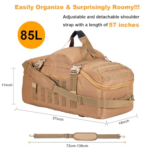 3 in 1 Tactical Travel Duffel Bag Backpack, Heavy Duty Military Gym Bag | Waterproof 600D nylon, internal collapsible dividers, weekend overnight travel, gym workout, camping luggage, 30L 45L 85L - color: Coyote, size: 85L,(27x14x11)Inches