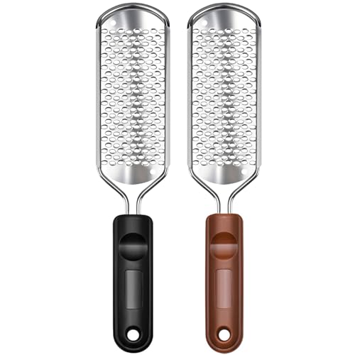 2 Pcs Foot Files Callus Remover, Stainless Steel Professional Pedicure Foot Rasp Scrubber Foot Care Tools to Removes Hard Skin Corns for Dry and Wet Fee - style: 2 X Foot Files(Black/Brown)