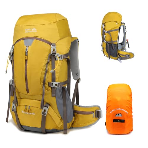 50L Hiking Camping Backpack for Men Women Lightweight Backpacking Back Pack | Waterproof Travel Outdoor Sport Climbing Daypack with Rain Cover - color: Yellow