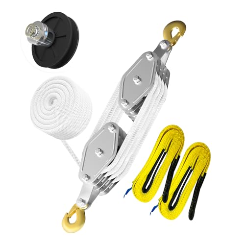 YATOINTO Rope Pulley Hoist 4400 LB, 8:1 Lifting Power Pulley Block and Tackle System, Pulley Block 2200LB Loading Capacity, 65ft Heavy Duty Rope Hoist for Lifting Pulling (with 2PCs Straps) - color: White, size: UPGRADED-4wheels+2pcs straps