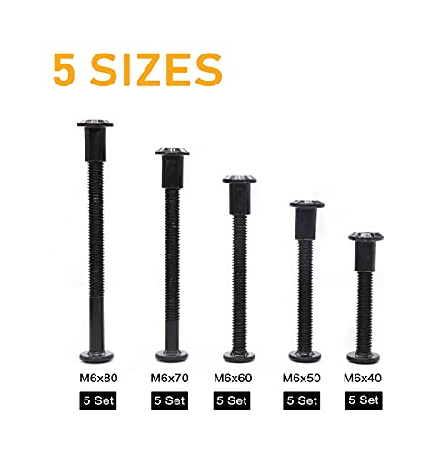 50pcs M6x40mm/ 50mm/ 60mm/ 70mm/ 80mm Black Hex Drive Socket Cap Bolts Barrel Nuts Assortment Kit, Carbon Steel Zinc Plated - size: M6 x 40/50/60/70/80mm (50 pcs)
