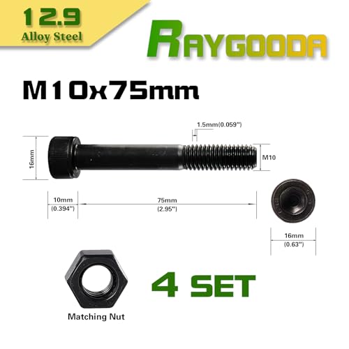 M10-1.5x75 Socket Head Cap Screw and Nut Kit 4set, Grade 12.9 Alloy Steel, Black Oxide Finish, Partially Thread, High Tensile Strength for Automotive, Machinery & Heavy Duty Use - size: M10x75mm(4 Sets）