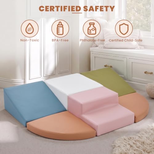 Hoohtoot Soft Foam Climbing Blocks for Toddlers: 6-Piece Macaron Color Play Set - Indoor PU Leather Climbing Toys - Baby Crawling and Activity Gym - style: Ivory/Pink