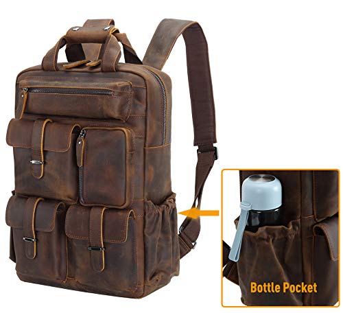 Polare Cowhide Leather Multiple Laptop Backpack Day Pack Travel Bag Satchel For Men - color: Dark Brown