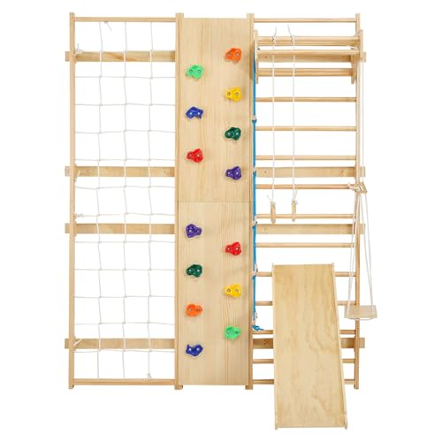 VEVOR Swedish Ladder Wall Gym, 9-in-1 12-Level Solid Wood Gymnastic Stall Bars for Kids Adults, 220LBS Indoor Jungle Gym with Rock Climbing Wall, Gym Rings, Pull-Up Bar, Climbing Board, Slide, Swing - style: 12-Level 9-in-1