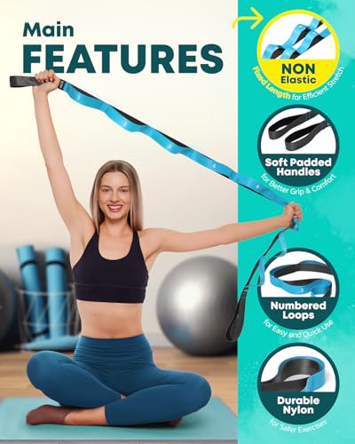 Stretching Strap with Loops - Non Elastic Stretch Band for Physical Therapy, Yoga Strap for Stretching Equipment, Stretch Bands for Exercise and Flexibility - Fascia, Hamstring & Leg Stretcher Belt - style: 12 Loops - Blue