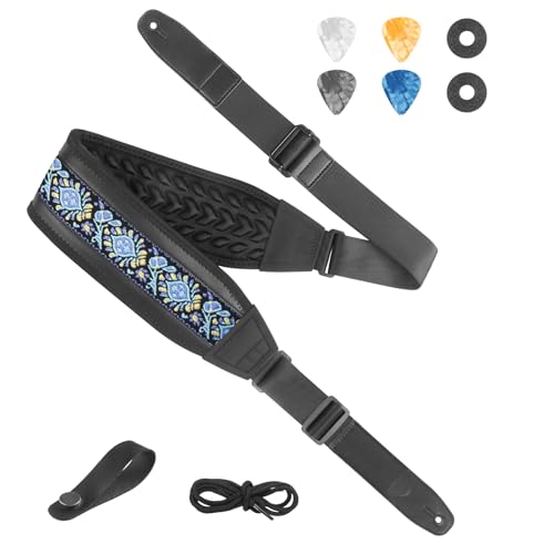 Guitar Bass Strap, Embroidered Electric Guitar Strap, Double Adjustable Buckle, Length Adjustable from 49" to 63", Equipped with 3" 3D Foam Padding, Includes 4 Picks and 2 Strap Locks, Blue Flower. - color: Blue Flower(49"-63")