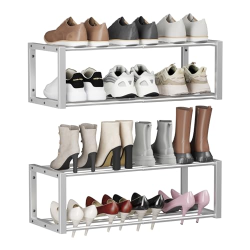 Homeiju Hanging Shoe Organizer,2 Pack Wall Mounted Shoe Rack Holds 12 Pairs,Space Saving Metal Wall Shoe Rack,Hanging Shoe Rack Shoe Holder for Small Space,Entryway,Closet,RV,Camper (Silver) - color: Silver