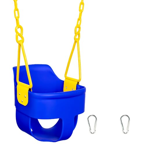 Premium High Back Full Bucket Toddler Swing Seat with Finger Grip, Plastic Coated Chains and Carabiners for Easy Install - Blue - Squirrel Products - color: Blue