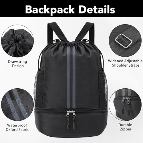 Drawstring Backpack Gym Bag, Waterproof String with Shoe Compartment, Black | 900D Oxford, Waterproof Divider, 2 Side Mesh Pockets, Adjustable Straps, 13 x 16.9 In, For Gym, Swim,Basketball,Beach