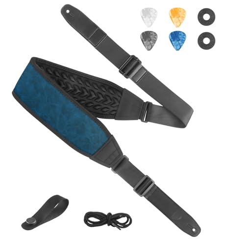 Guitar Bass Strap, Embroidered Electric Guitar Strap, Double Adjustable Buckle, Length Adjustable from 49" to 63", Equipped with 3" 3D Foam Padding, Includes 4 Picks and 2 Strap Locks, Smooth Blue. - color: Smooth Blue(49"-63")