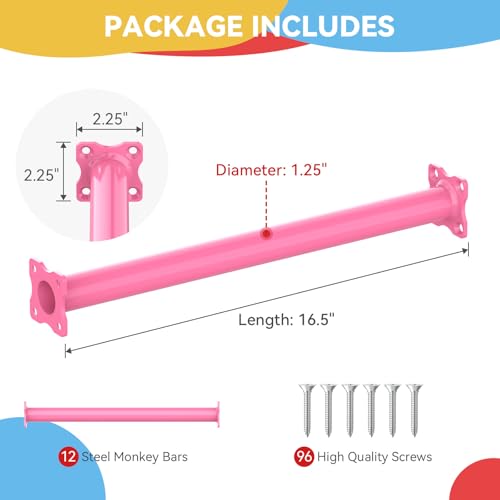 16.5 Inch Monkey Bars Kit Monkey Bar Ladder Rungs (Pink, 12 Pcs) | Indoor Outdoor Metal Monkey Bars for Backyard - color: Pink