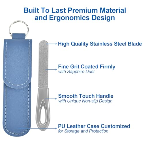 Metal Nail File with Case, 2 Pack Keychain Nail Files for Natural Nails, Fingernail Files Diamond Round Tip Stainless Steel Double Sided Fine Grit Sapphire Filer with Leather Sheath Travel Blue - size: 2 Pack 3.6 in Silver/Blue Keychain