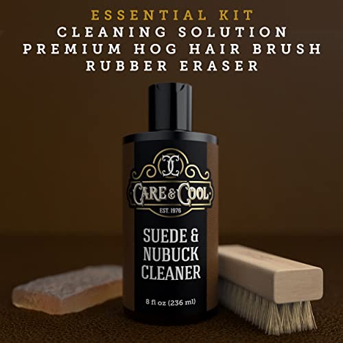 Care & Cool Suede & Nubuck Cleaner Kit, 8 oz, 100% Hog Hair Brush & Eraser | Helps Lift Dirt & Refresh Nap, Odorless & Non-Sticky Formula, Firm Yet Gentle Bristles, Suitable for Leather, Canvas & Knit