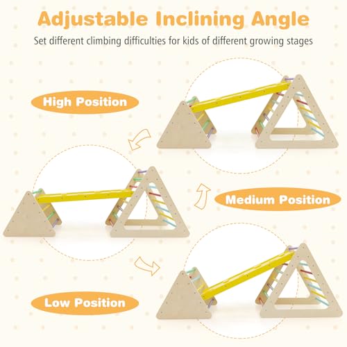 HONEY JOY Pikler Triangle Set, 5 in 1 Montessori Wooden Triangle Climber w/ 2 Stackable Ladders & Climbing Ramp, 3-Piece Baby Indoor Playground Jungle Gym, Climbing Toy for Toddlers, Colorful - style: 5 In 1 Yellow