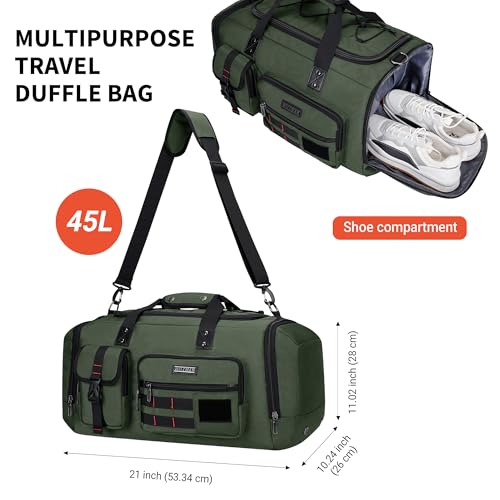 WITZMAN Duffle Bag for Men 3 in 1 Convertible 45L Nylon Gym Travel Backpack | Multi-pockets with Shoe Compartment and Dry-wet Pocket, One Duffel Bag for Sports, Weekender, Overnight, B693 Army Green - color: Army Green