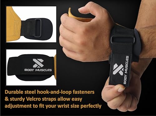 Leather Weightlifting Grips - Double Layer Leather Weight Lifting Grips for Powerlifting - Neoprene Padded Weight Lifting wrist Straps Gym with Metal Hooks - Deadlift Straps