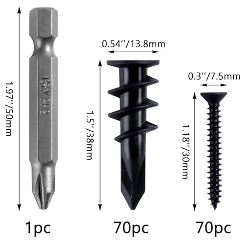 140PCs #8 Self Drilling Drywall Anchors, Heavy Duty Dry Wall Anchors and Flat Head Screws Kit, 75LB Hanging for Picture Frames, Wall Decor Art and Curtain Rods, Sheetrock Hangers - Black