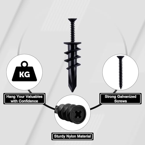 140PCs #8 Self Drilling Drywall Anchors, Heavy Duty Dry Wall Anchors and Flat Head Screws Kit, 75LB Hanging for Picture Frames, Wall Decor Art and Curtain Rods, Sheetrock Hangers - Black