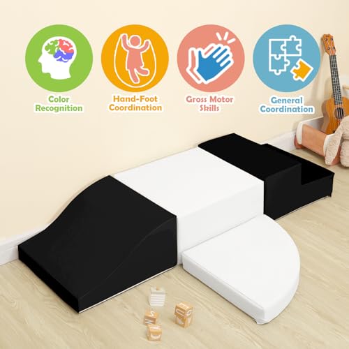 TODIBY 4-Piece Soft PU Leather Toddlers Climbing Toys, Baby Foam Climbing Blocks for Toddlers 3, Indoor Climb and Crawl Activity Play Set, Foam Play Gym Climbing Structures (Black and White) - style: Black/White