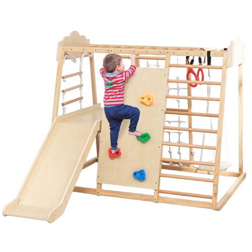 8-in-1 Wooden Indoor Jungle Gym for Toddlers, Montessori Climbing Playset with Slide, Swing, Climbing Net, Rings, Monkey Bars – Indoor Playground for Kids Ages 3-8 - size: 8-in-1