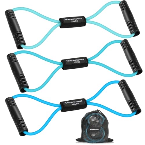 RENRANRING Figure 8 Fitness Resistance Bands with Handles - Exercise Tube Band Set of 3 for Arm and Shoulder Stretch, Rope 8 Word Elastic for Women and Men - color: Blue series