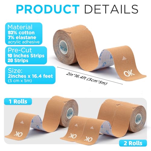 OK TAPE Precut Elastic Kinesiology Tape, 20 Strips, 2inch x 16ft, 2 Rolls | Sensitive Skin Friendly Latex Free Hypoallergenic Athletic Tape Roll for Muscle Joint Knee Waterproof Beige - color: Beige, size: 2 Rolls